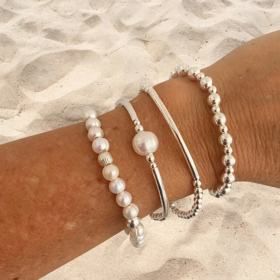Bohemian Style Geometric Beaded Elastic Bracelet Set for Women with CCB Pearl and Acrylic Beads
