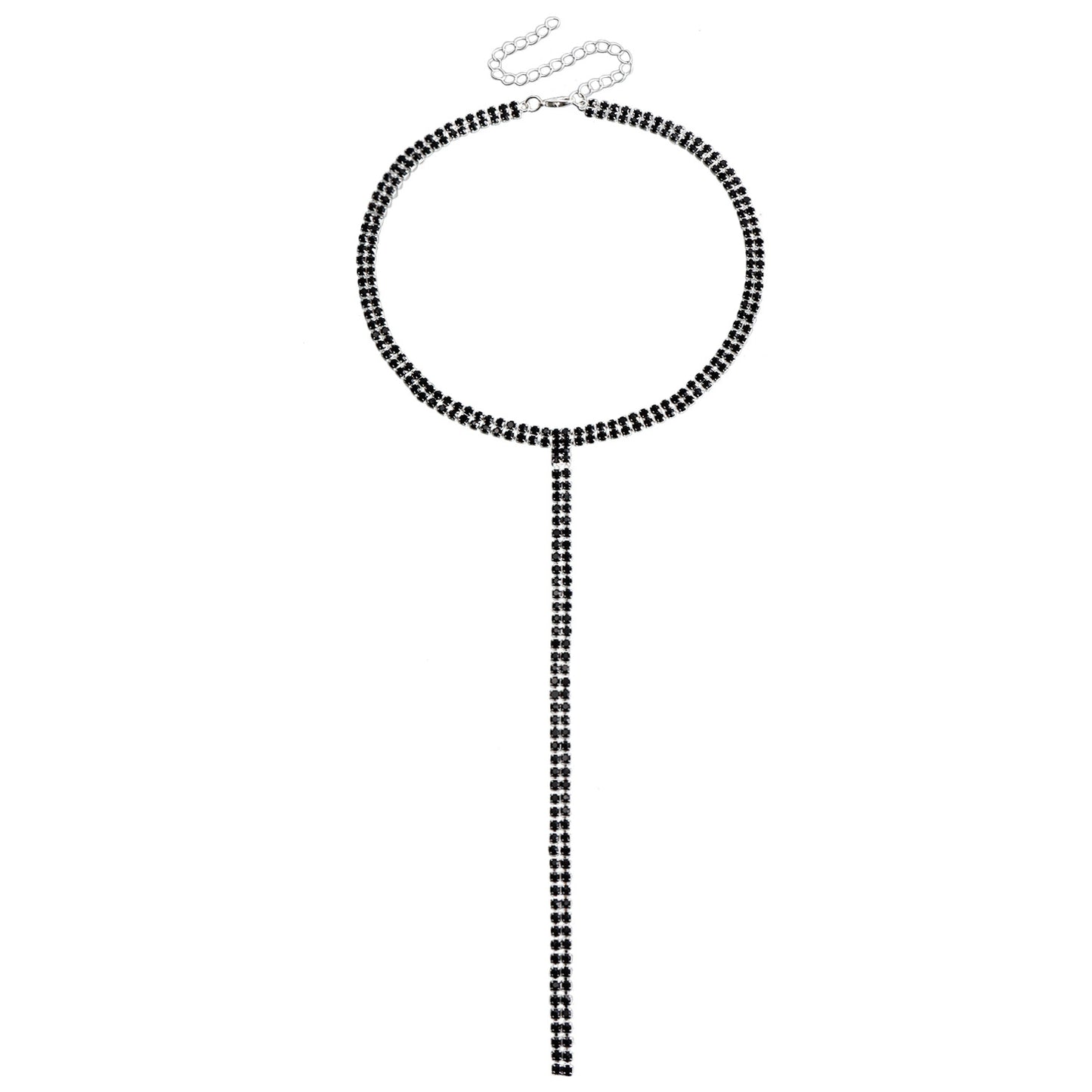 Geometric T-Shaped Black Rhinestone Double Layer Clavicle Necklace for Women with Plated Metal Chain