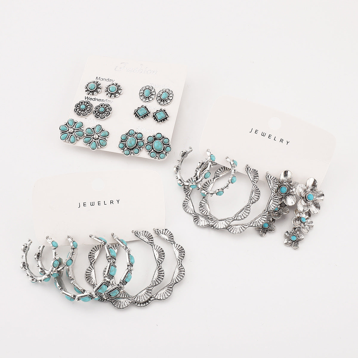 Pendientes Étnicos Vintage de Círculo Grande Geométrico Floral Turquesa con Incrustaciones y Acabado Chapado para Mujer