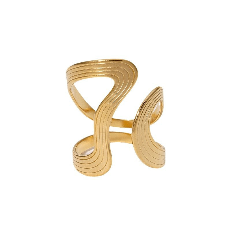 Vintage Geometric Stainless Steel Ring with Irregular Minimalist Line Design for Women