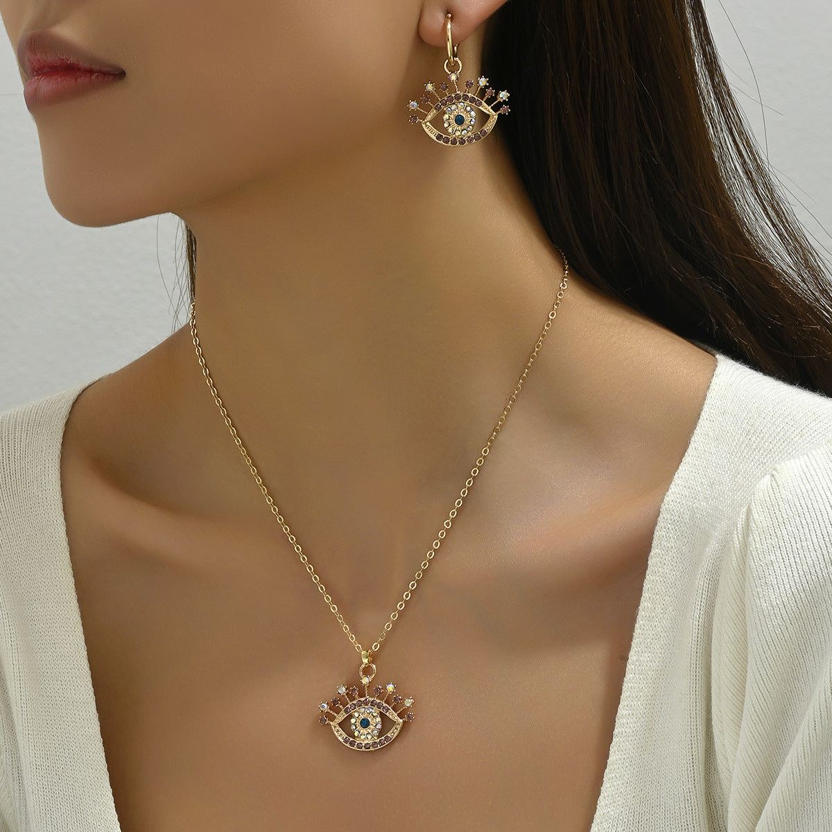 Conjunto de collar con colgante de ojo turco minimalista y pendientes de botón para mujer, de aleación con incrustaciones de diamantes de imitación