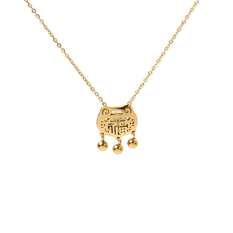 Geometric Longevity Lock Pendant Necklace for Women in Titanium Steel with 18K Rose Gold Plating