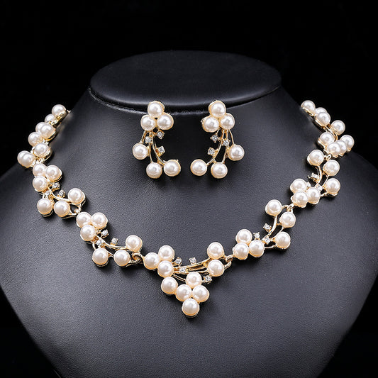Juego de collar con dije de perlas florales elegantes para mujer, cadena de aleación con motivos de ramas de olivo y flores, joyería minimalista elegante para capas