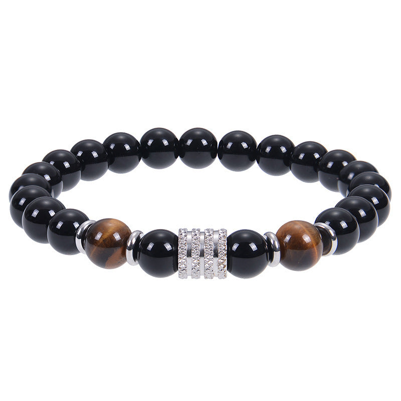 Minimalist Vintage Geometric Round Natural Obsidian Tiger Eye Stainless Steel Bracelet Unisex