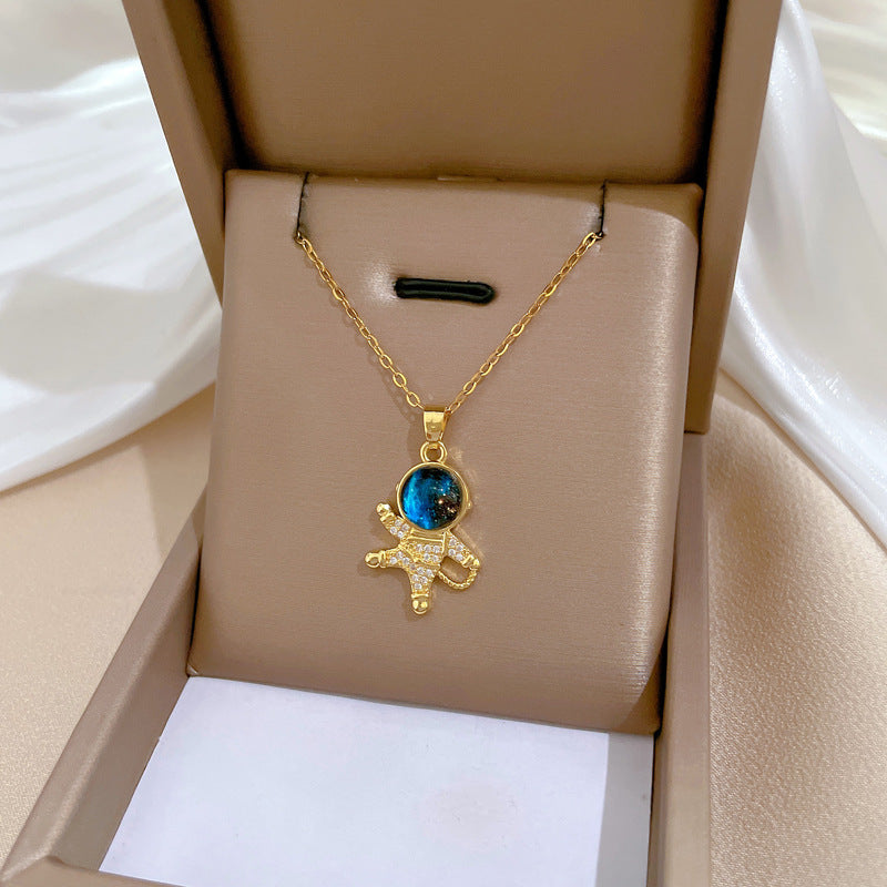 Collar de lujo con colgante de astronauta y planeta, cadena de clavícula geométrica de acero de titanio