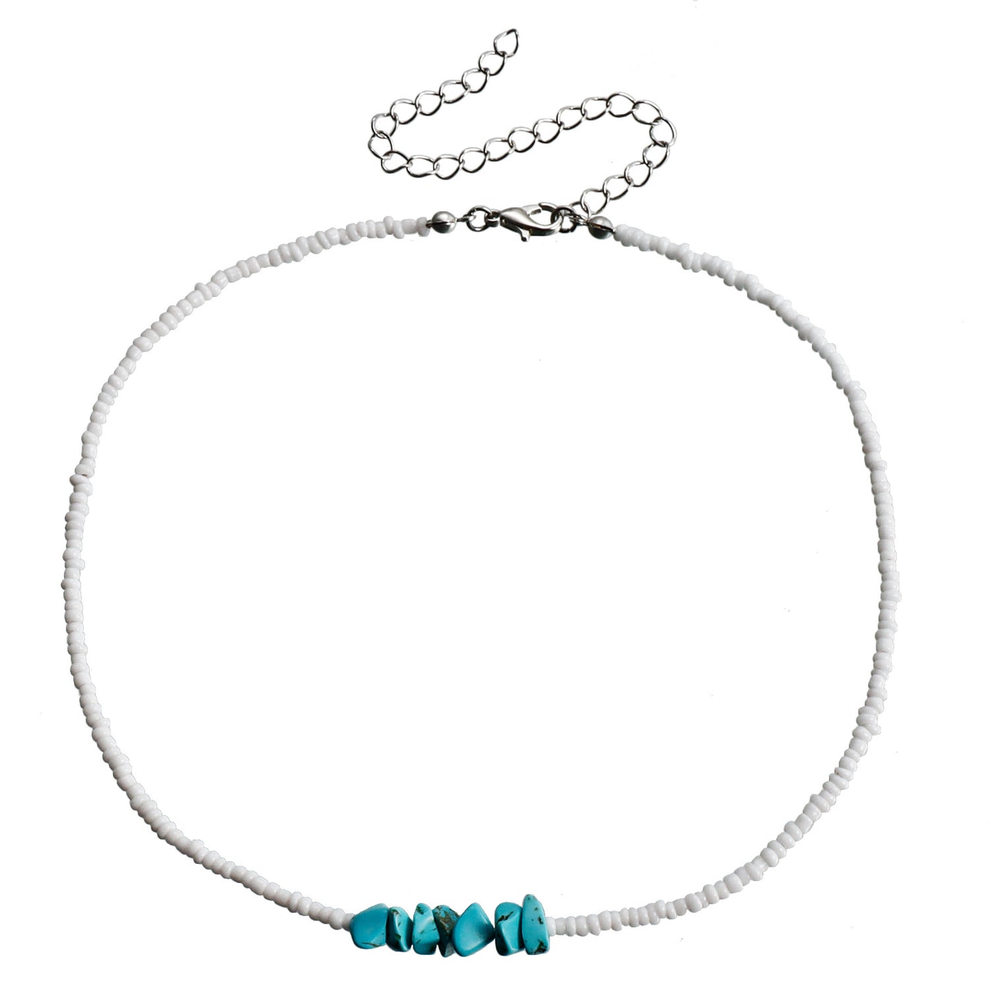 Bohemian Geometric Beaded Necklace for Women with White Beads and Blue Crystal-Like Accents on Clavicle Chain