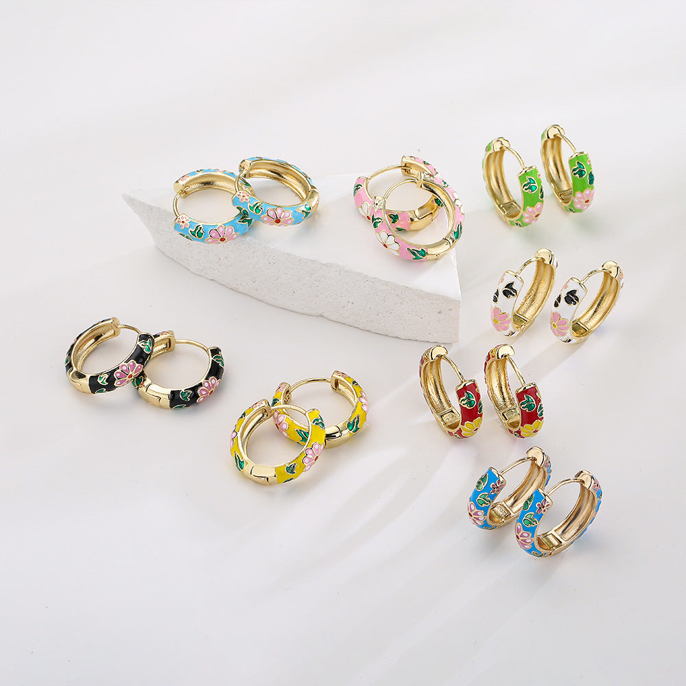 Minimalist Geometric Copper Hoop Earrings with 18K Gold Plating and Floral Enamel Accents for Women