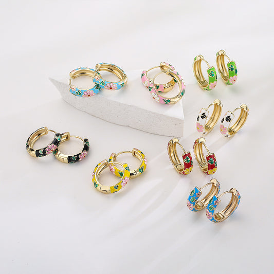 Minimalist Geometric Copper Hoop Earrings with 18K Gold Plating and Floral Enamel Accents for Women
