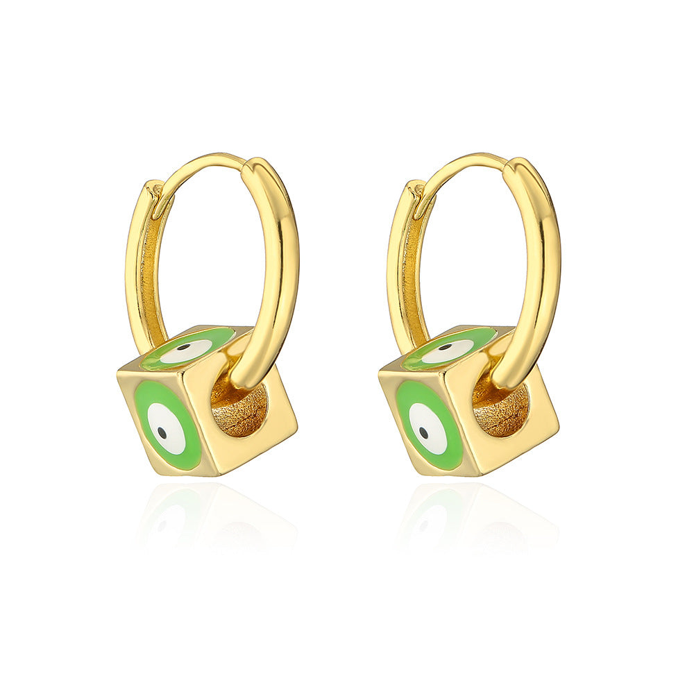 Geometric Square Drop Earrings for Women in Copper with 18K Gold Plating and Enamel Eye Detail