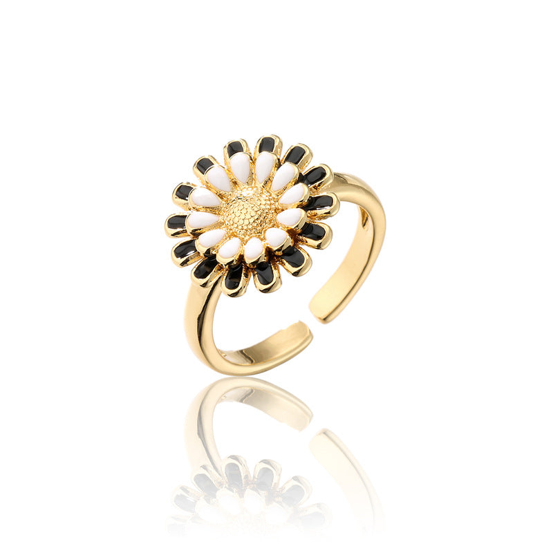 Fashion Geometric Floral Drip Oil Gold Plated Brass Sunflower Open Ring for Women