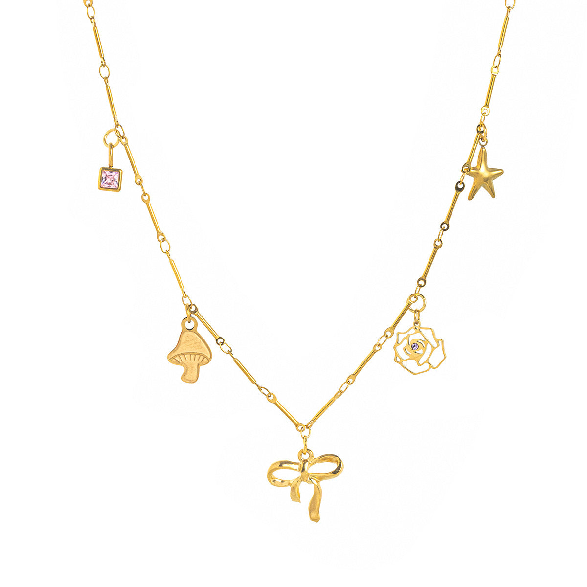 Minimalist 18K Gold Plated Stainless Steel Geometric Charm Bar with Cubic Zirconia