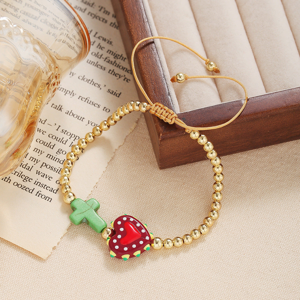 Casual Elegant Handmade Geometric Cross Heart Turquoise Bracelet with Gold Bead Accents