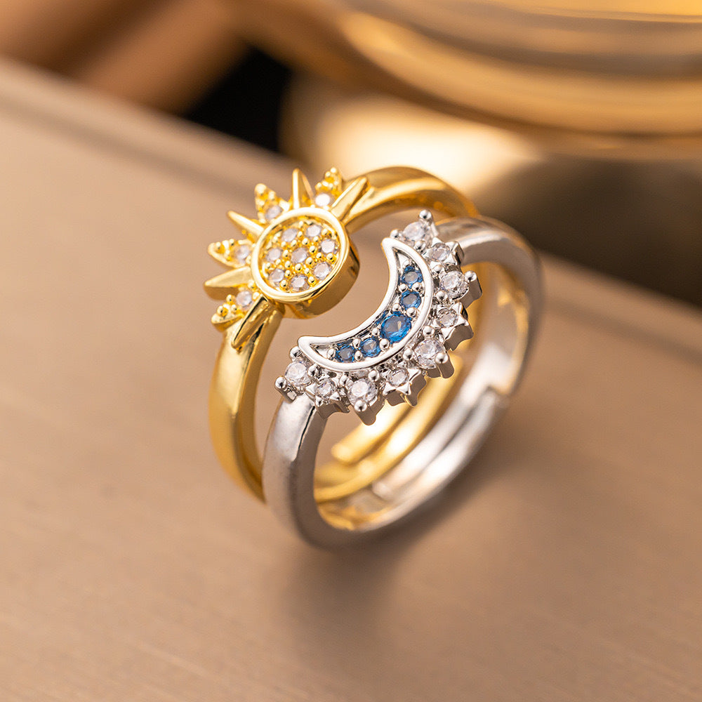 Luxury Minimalist Adjustable Open Ring for Women with Gold-Plated Copper Band and Zircon Stone Accent in Heart and Floral Shape