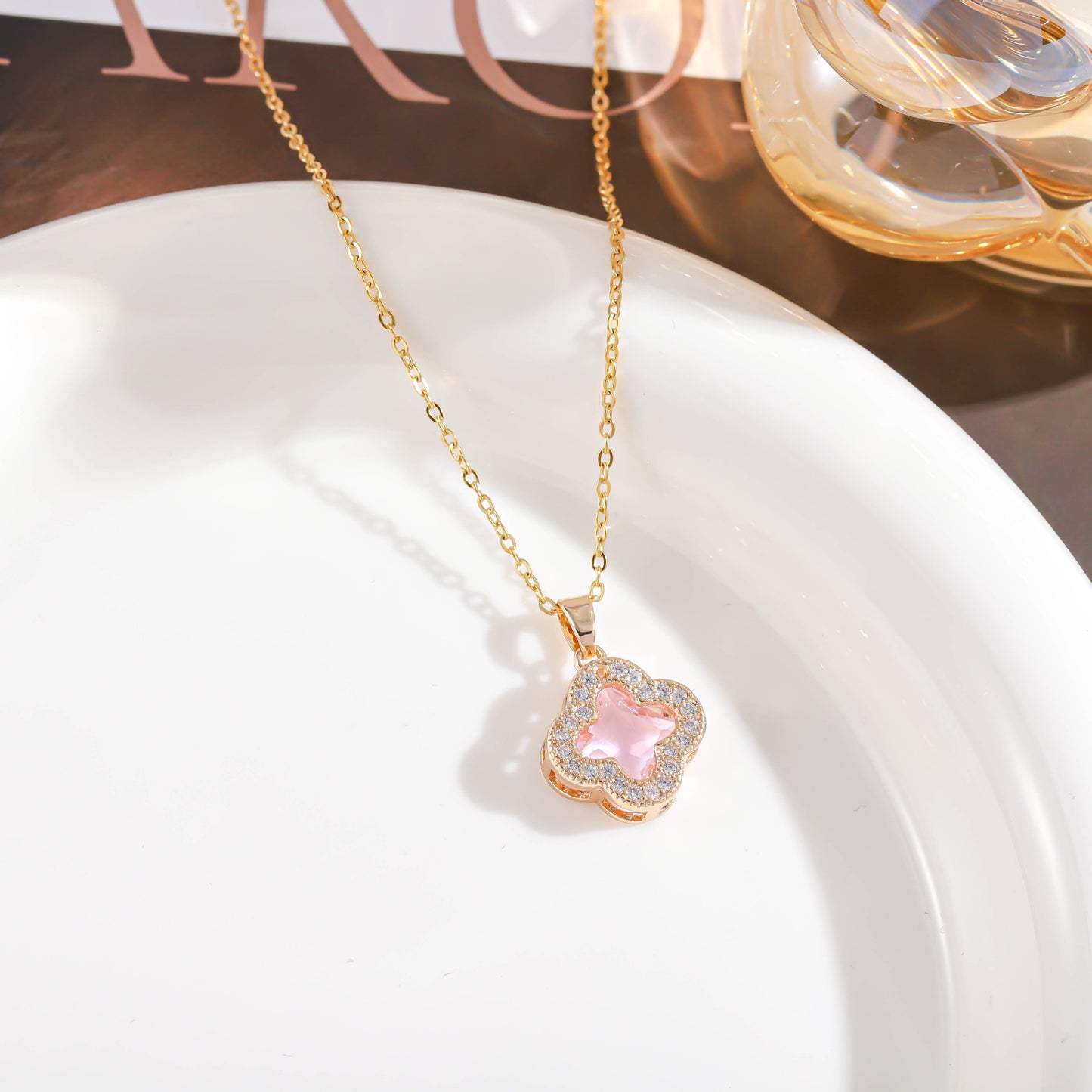 Sweet Elegant Floral Titanium Steel Inlay Rhinestone Pendant Necklace for Women