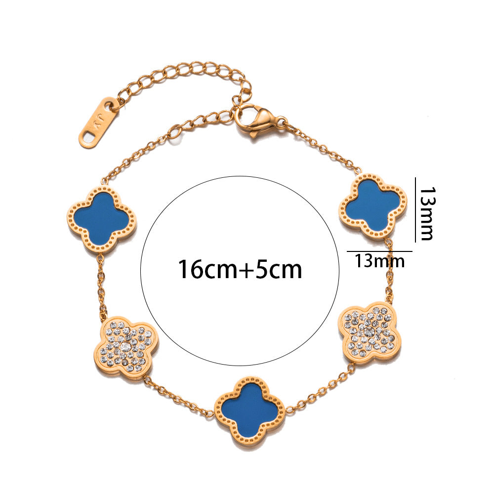 Fashion 18K Rose Gold Plated Titanium Steel Four-Leaf Clover Rhinestone Bracelet for Women