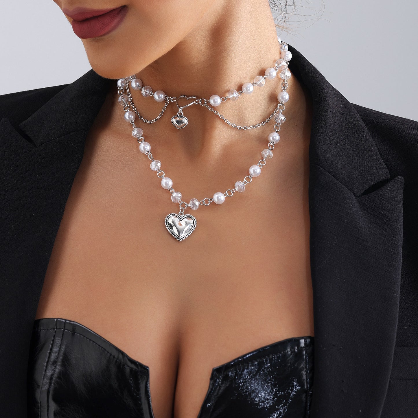 Sweet Fashionable Heart-Shaped Multi-Layer Pendant Necklace for Women with Imitation Pearl Accents and Plated Alloy Charm on Clavicle Chain