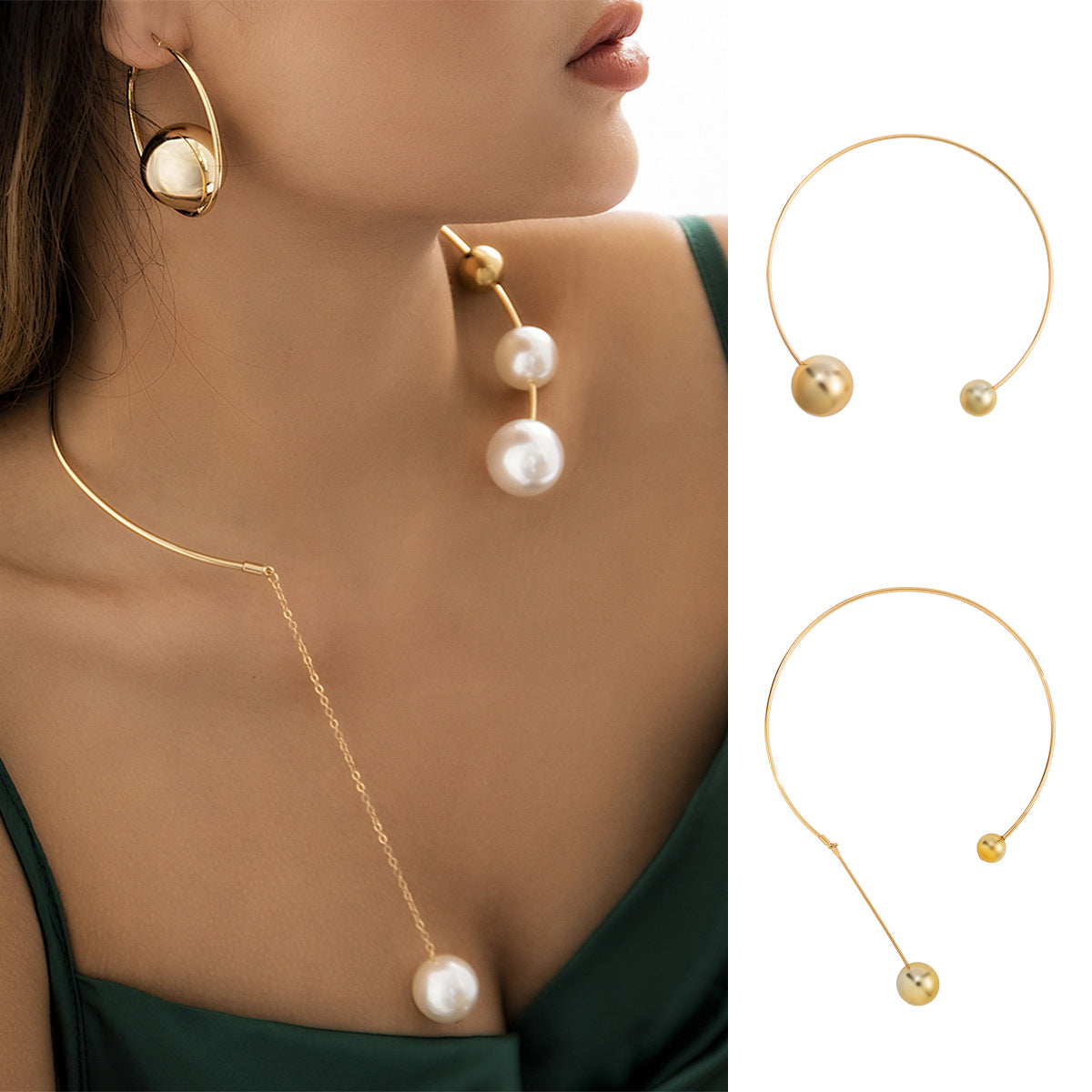Collana a Pendente da Donna a Cerchio Geometrico Tonalità Fredde Minimalista con Finitura Galvanizzata e Nappa di Perle Imitazione