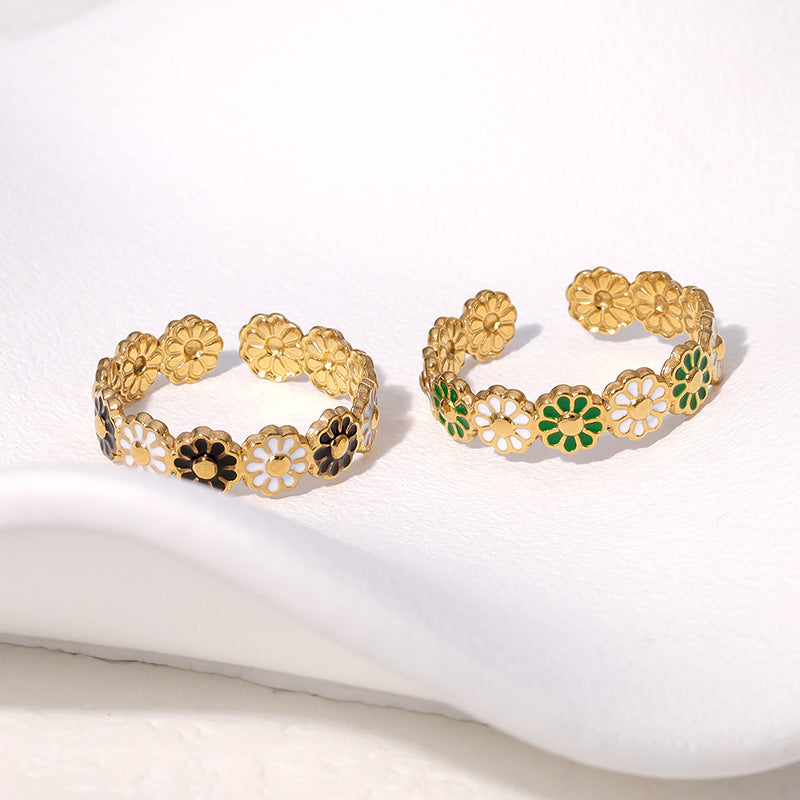 Anello margherita floreale in acciaio inossidabile con finitura placcata da donna, anello regolabile aperto in stile minimalista alla moda