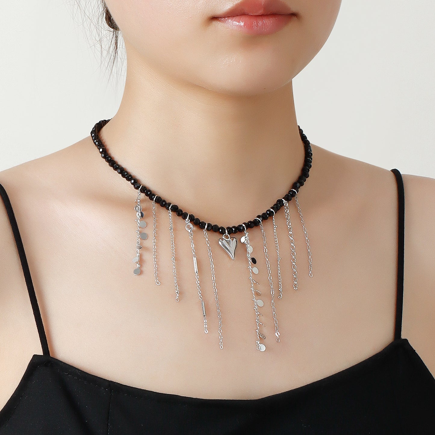 Fashionable Black Crystal Beaded Tassel Necklace with Heart Pendant in Plated Alloy for Women