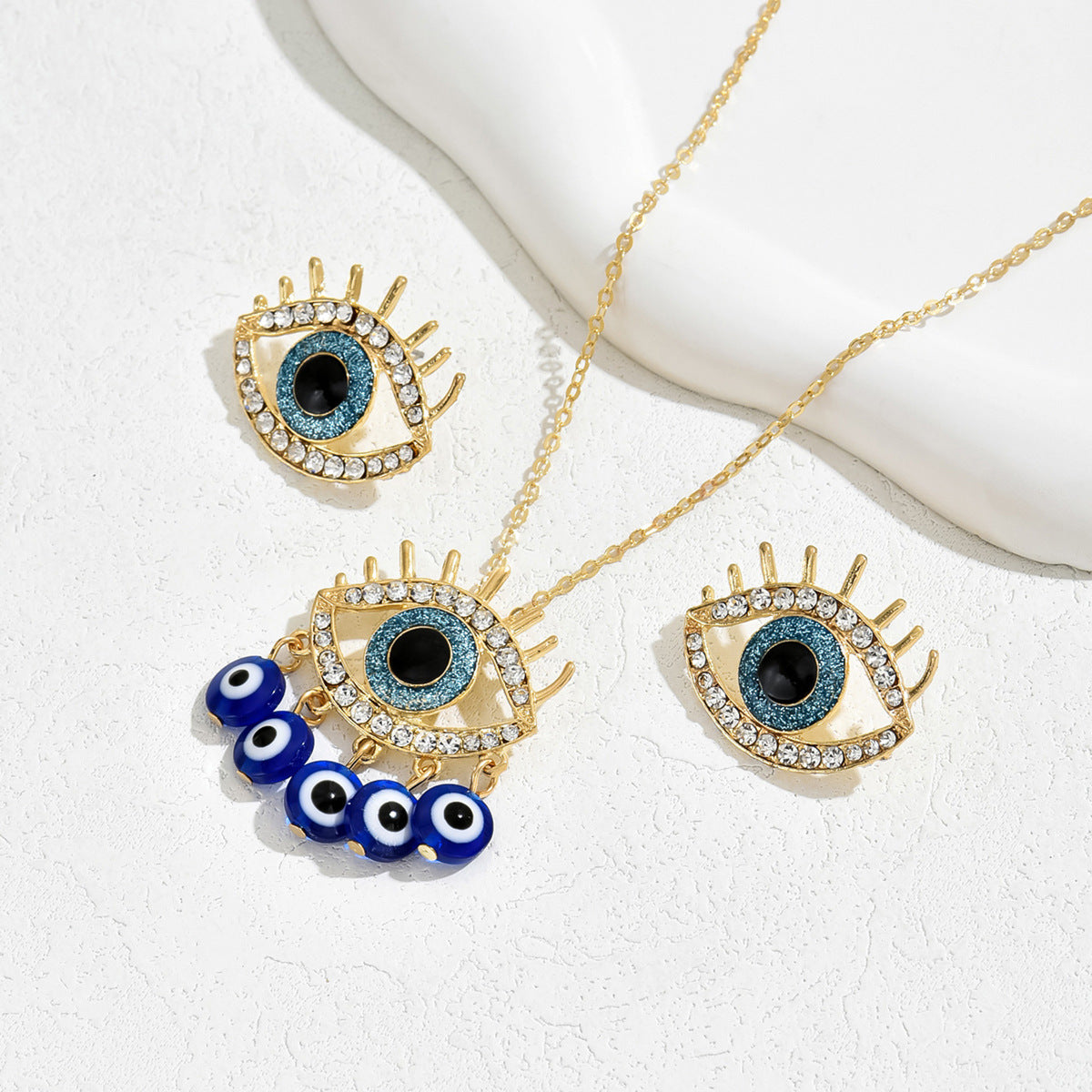 Pendientes y collar minimalistas de aleación con pedrería de ojo turco para mujer