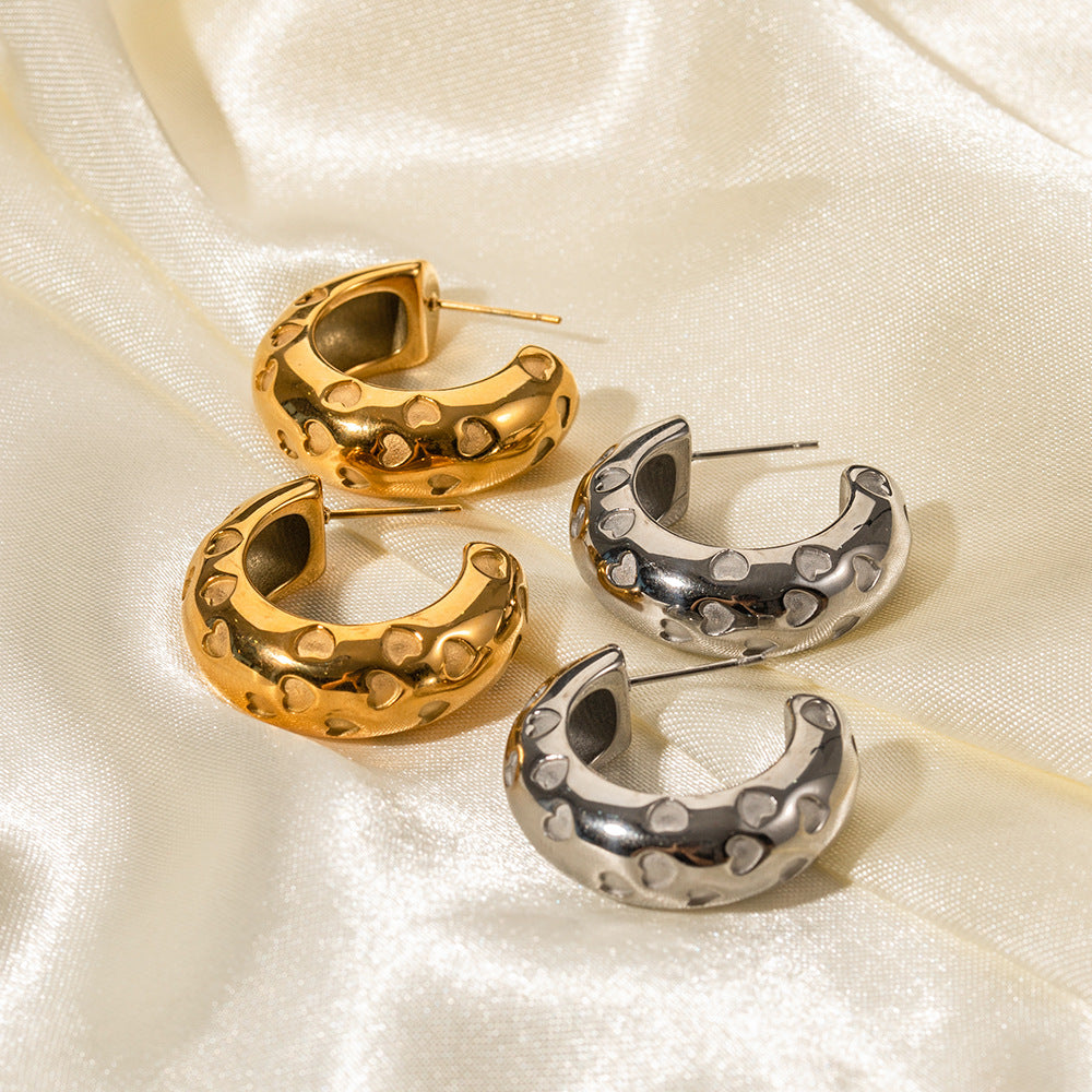INS Style Geometric Stainless Steel Hoop Earrings with 18K Gold Plating Hollow Heart Design for Women