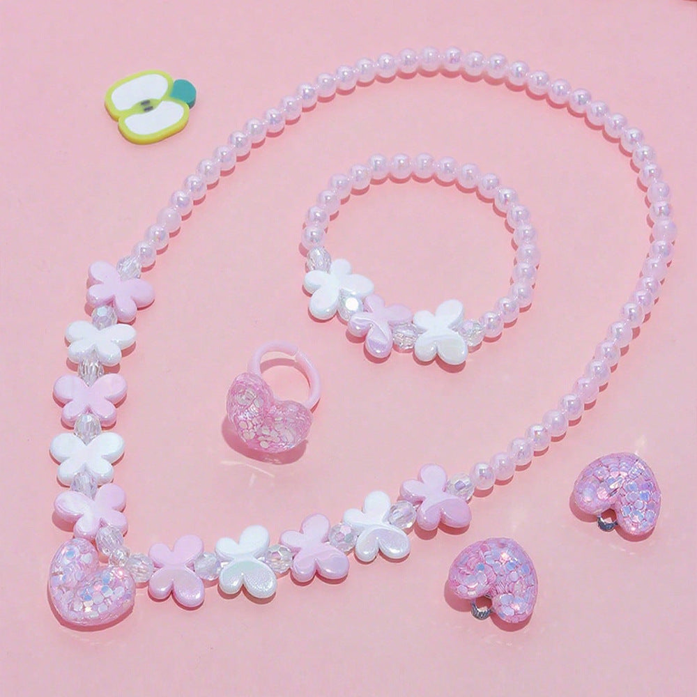 Set de collar de mariposa estilo caricatura para niños con dije de resina en cadena de cuentas con formas de corazón, estrella y flor