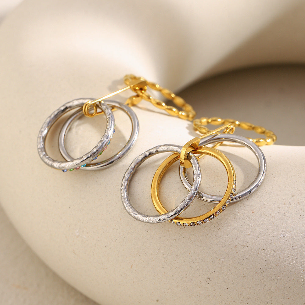 Minimalist Geometric Stainless Steel Ring with 18K Gold Plating for Women, Stackable Four-Layer Pin-Style CZ Ring