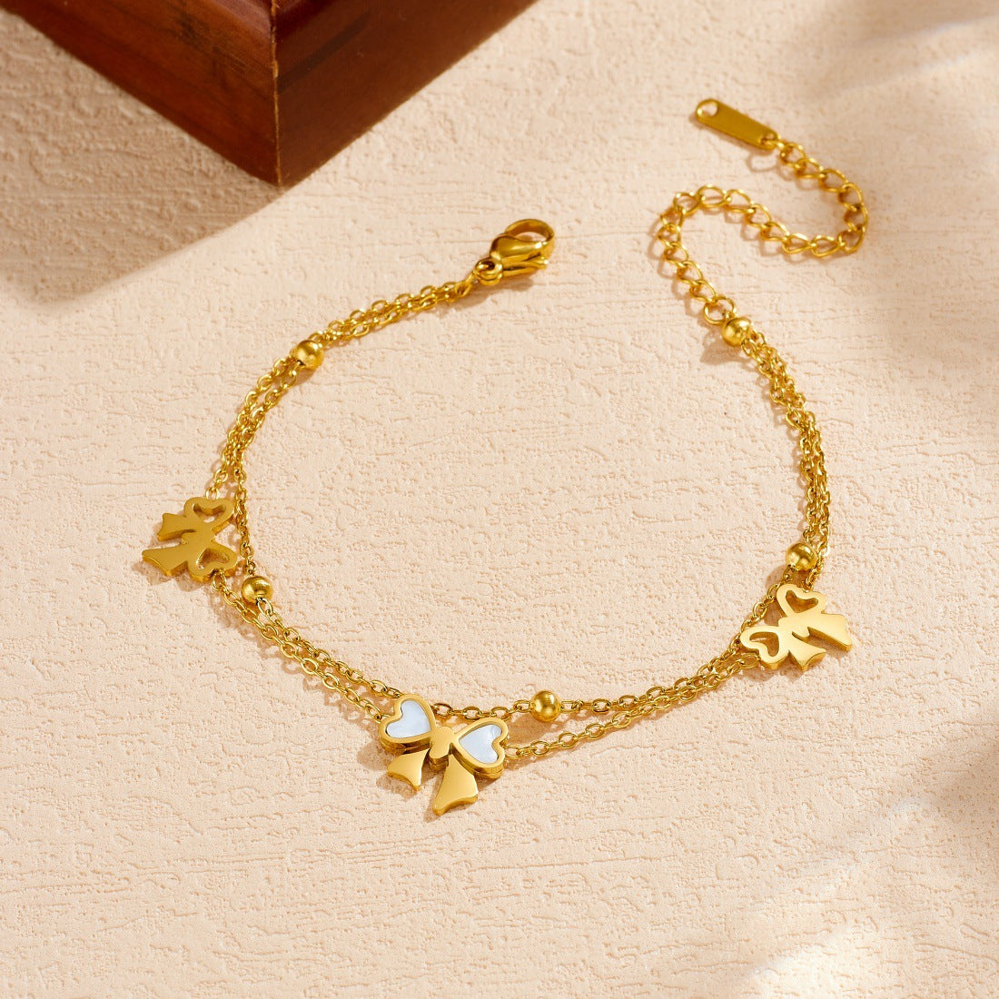 Minimalist Luxury Gold Plated Stainless Steel Bow Pendant Double Layer Necklace Set for Women