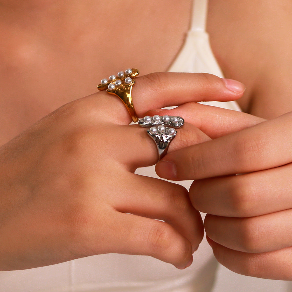 Vintage Geometric Stainless Steel Ring with Pearl Inlay Adjustable Band for Women