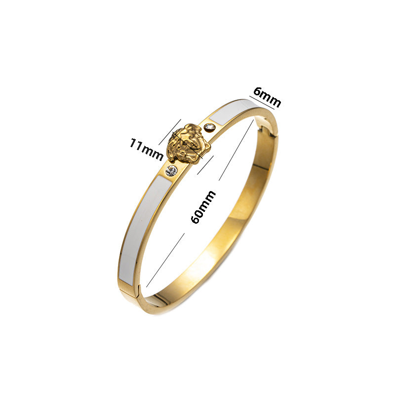 Bracciale Minimalista in Acciaio Inossidabile da Donna con Placcatura in Acciaio al Titanio e Intarsio di Strass a Forma Geometrica Ovale