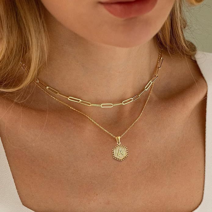 Vintage 18K Gold Plated Double Layer Paperclip Chain Necklace with Stainless Steel Heart and Hexagon Letter Pendant for Women