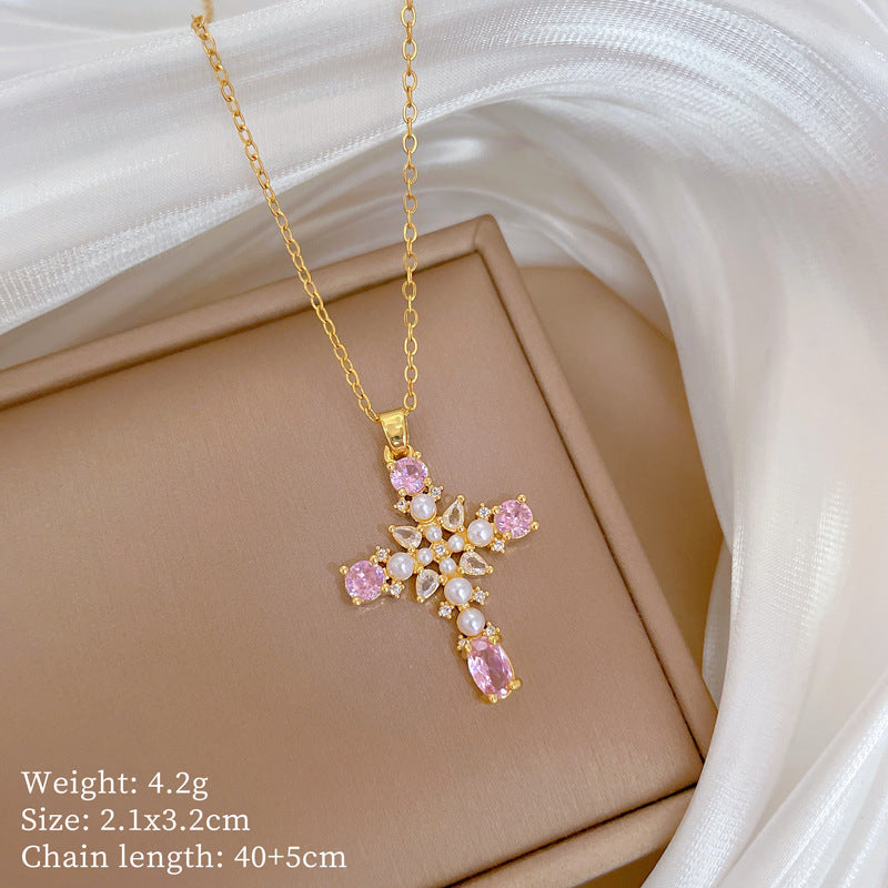 Minimalist Cross Pendant Necklace in Titanium Steel with Pearl Accents and Full Rhinestone Inlay for Women