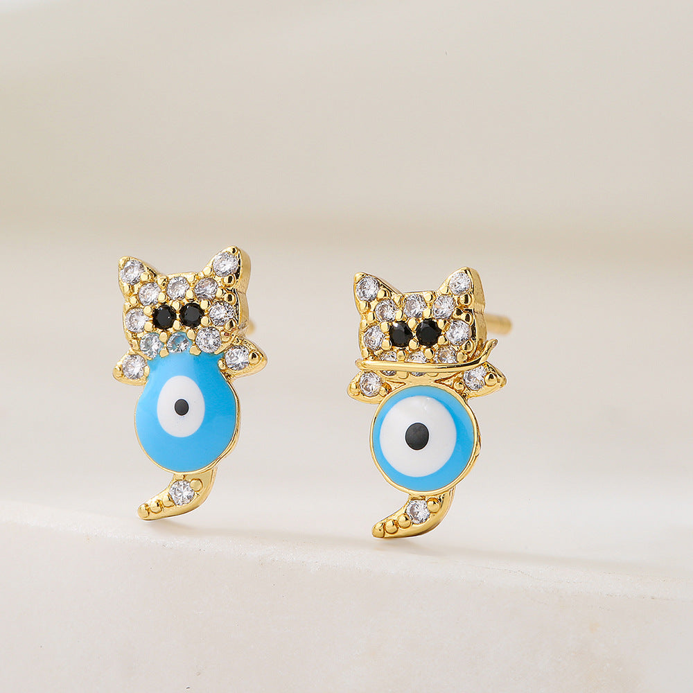 Orecchini geometrici da donna a forma di gatto, in rame con placcatura in oro 18K e finitura smaltata