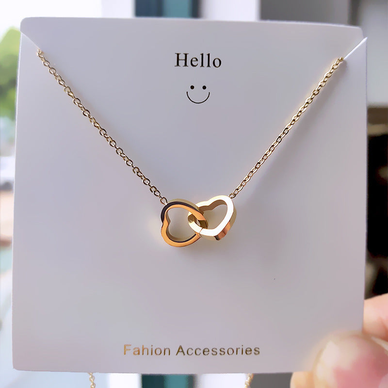 Sweet 18K Gold Plated Double Ring Heart Titanium Steel Necklace for Women