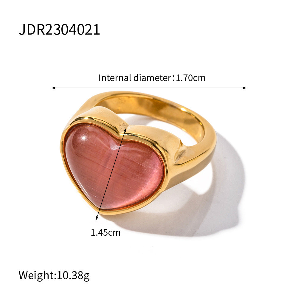 Trendy 18K Gold Plated Heart Pink Cat's Eye Stainless Steel Ring for Women