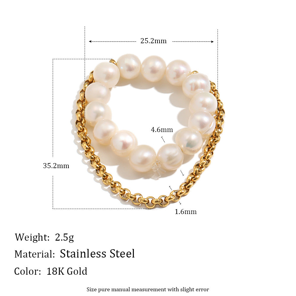 Luxury Minimalist 18K Gold Plated Stainless Steel Round Pearl Tassel Elastic Ring for Women