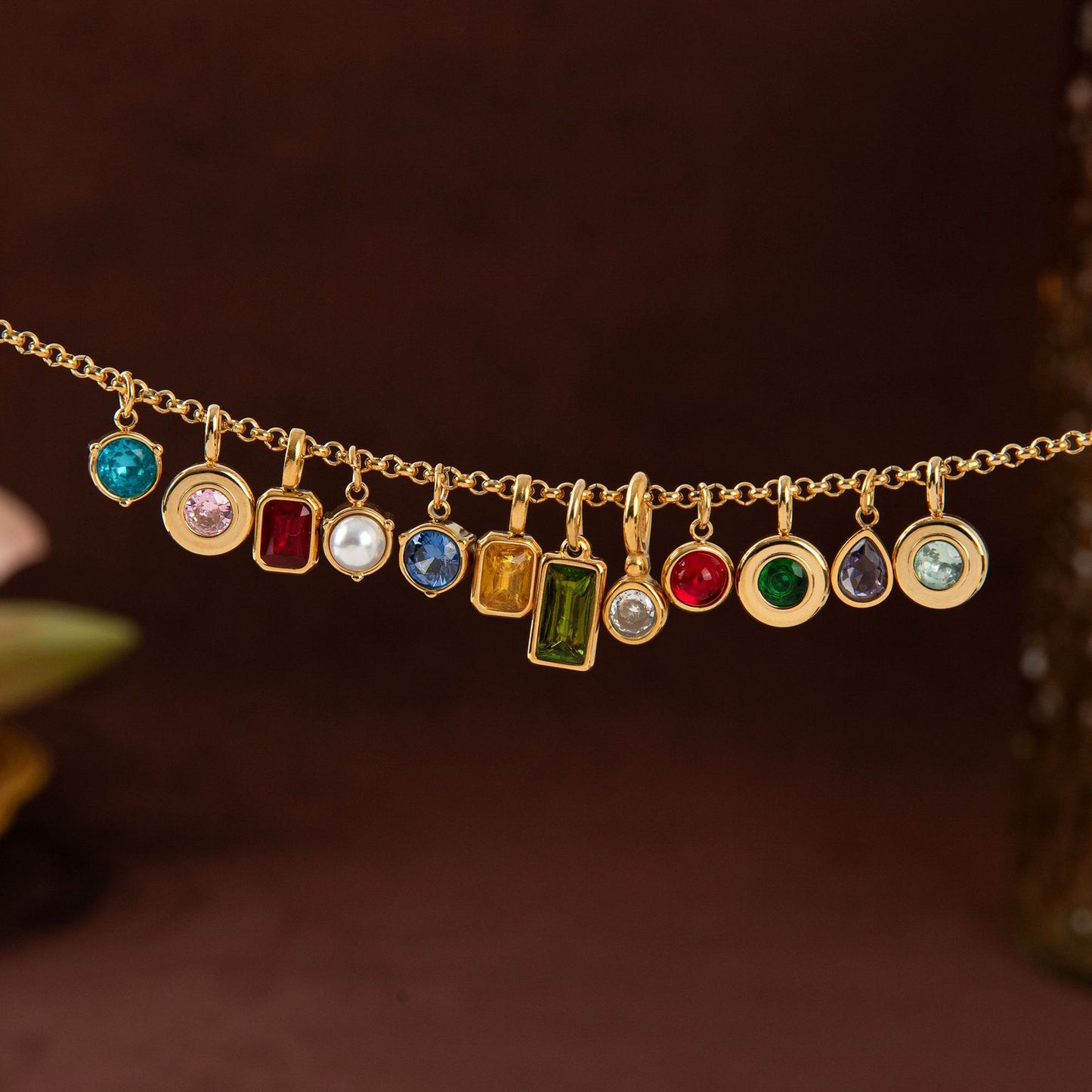 Vintage Geometric Stainless Steel 18K Gold Plated PVD DIY Charm Bar Necklace with 12 Birthstones