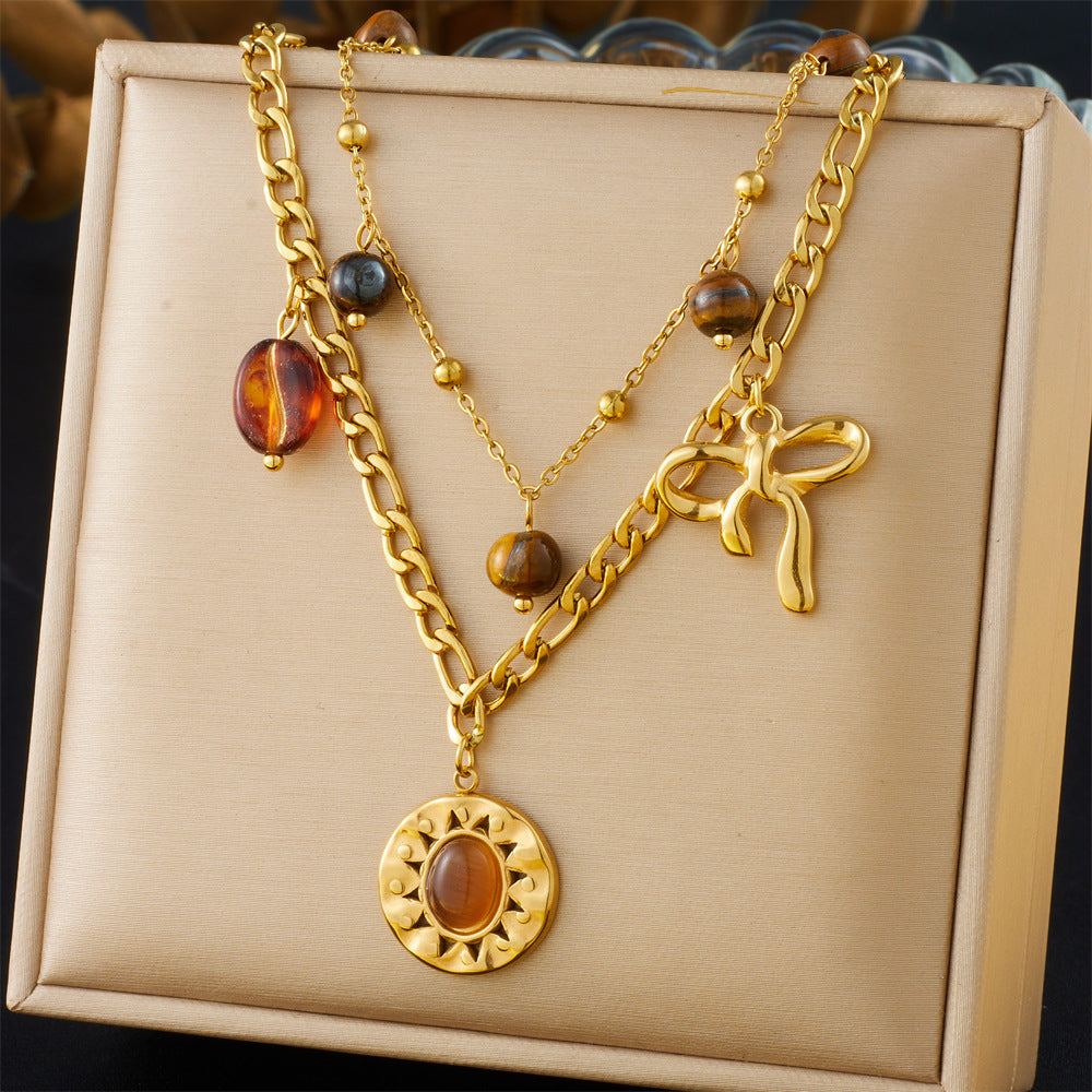 Vintage Round Sun Tiger Eye Stainless Steel Plated Butterfly Pendant Double Layer Serpentine Chain Necklace for Women