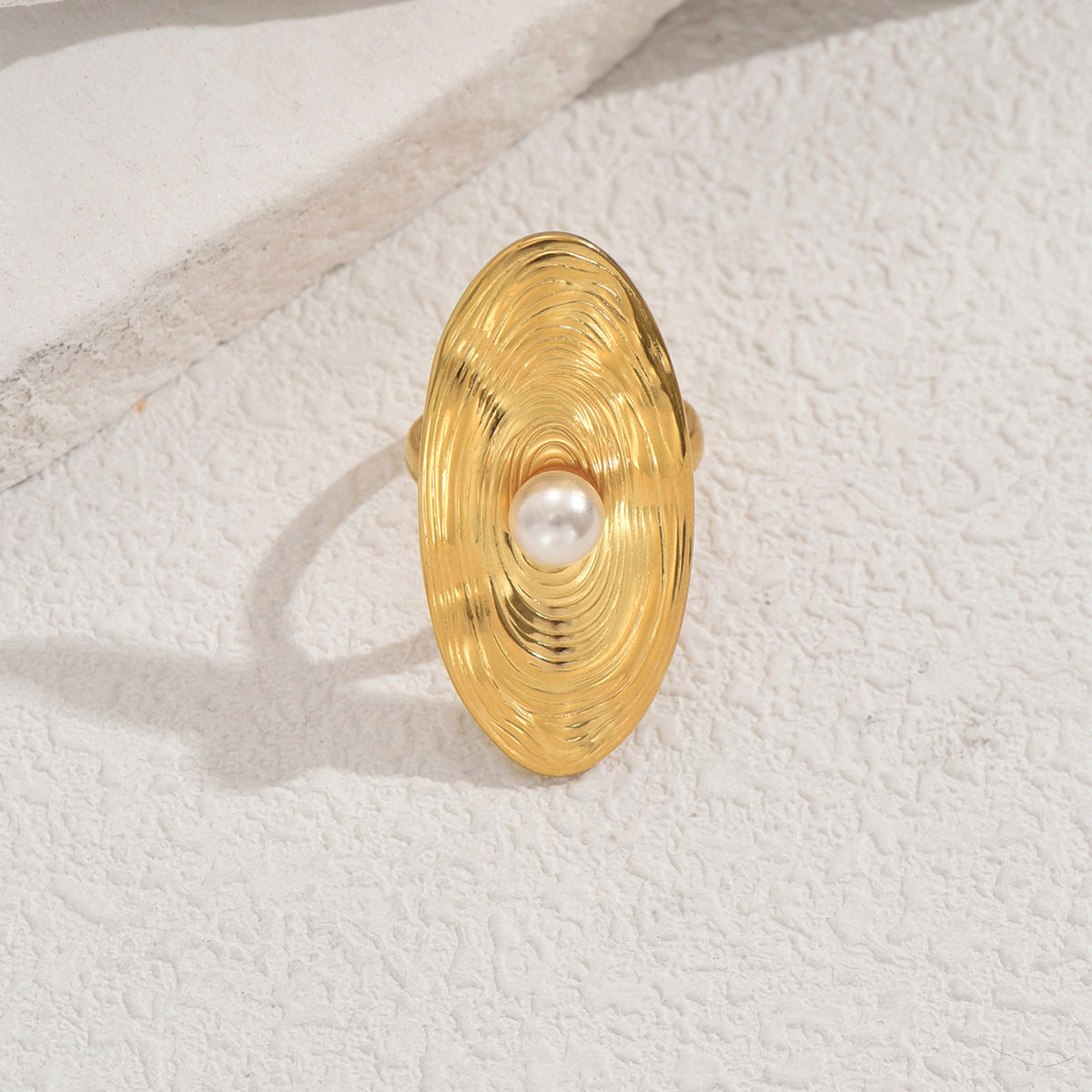 Anello Minimalista Geometrico in Rame con Intarsio di Perle da Donna, Fascia Aperta Regolabile, Anello Statement per Dito Indice