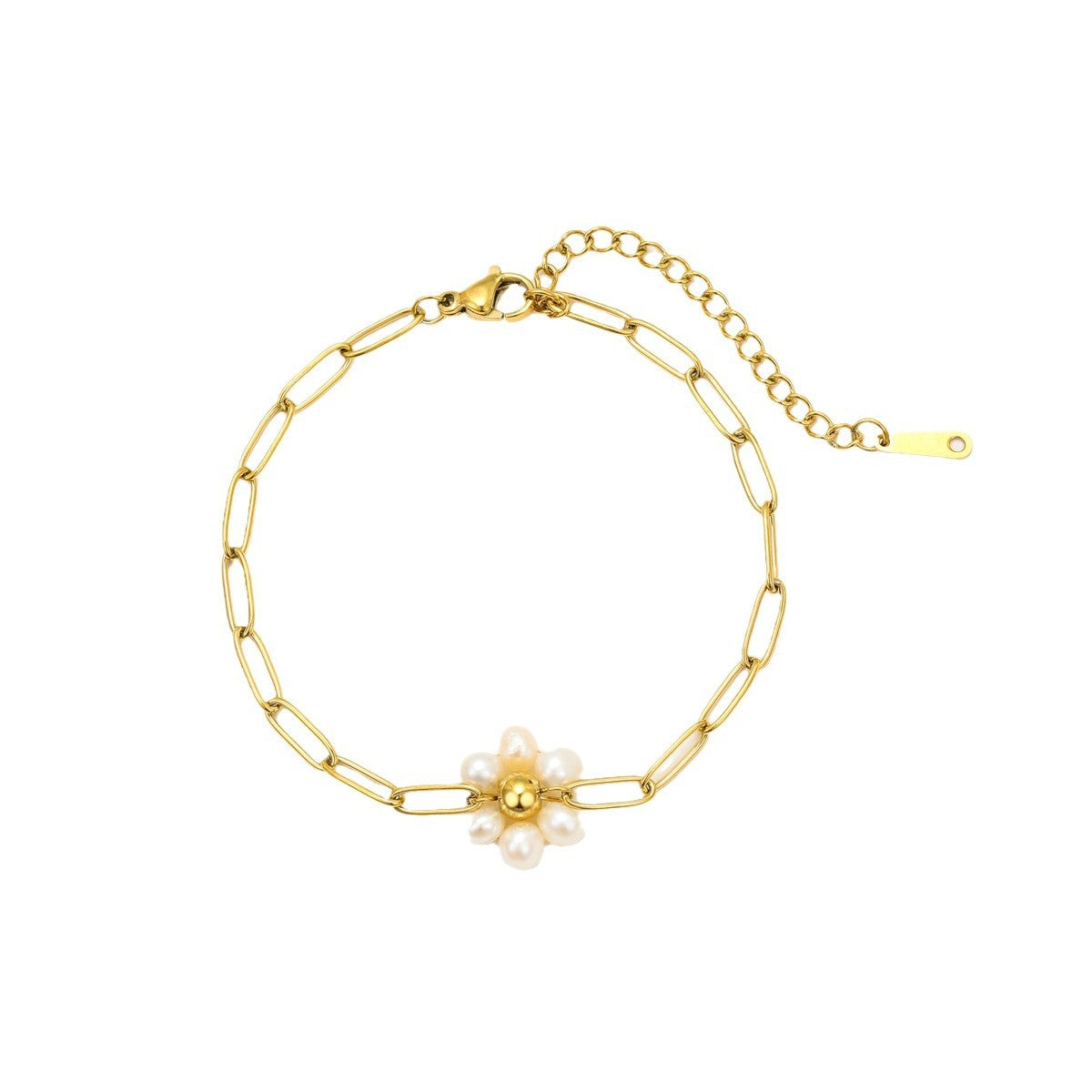Vintage French Elegant Titanium Steel Bracelet with Pearl Accents Floral and Circular Motifs Geometric Pattern Plated Finish Women's Jewelry