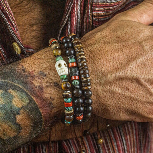 Vintage Geometric Skull Handmade Wood Turquoise Beaded Bracelet