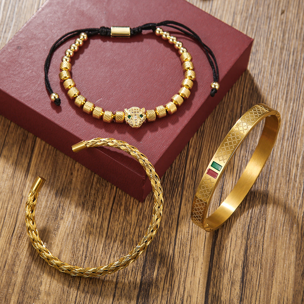 Hip-hop Men's Brass Cubic Zirconia Leopard Head Stainless Steel Bracelet Cuff Set