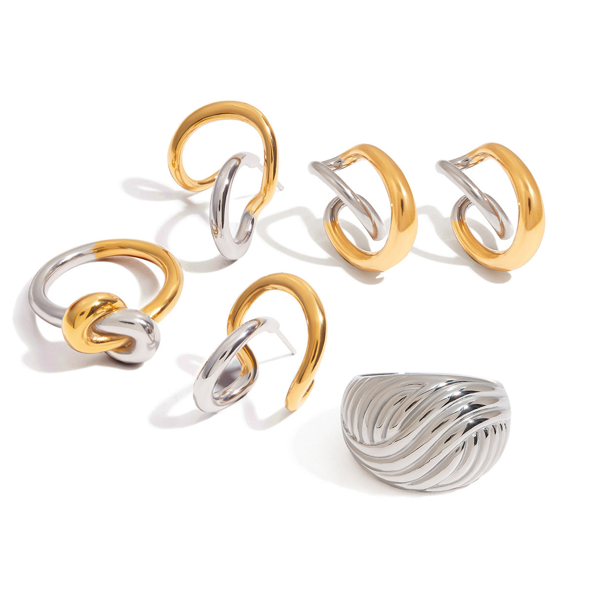 Color Block Geometric Stainless Steel and Titanium Steel Plated Ring and Earring Clip Set for Women