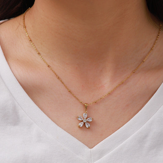 18K Gold Plated Stainless Steel Flower Necklace with 16mm White Cubic Zirconia Pendant on Ball Chain for Women