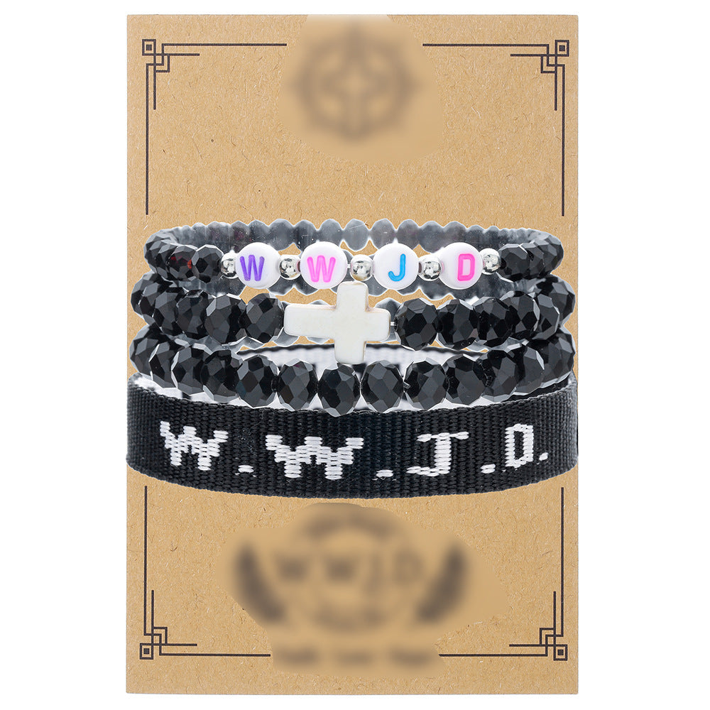 WWJD Letter Cross Geometric Natural Stone Stretch Bracelet Set