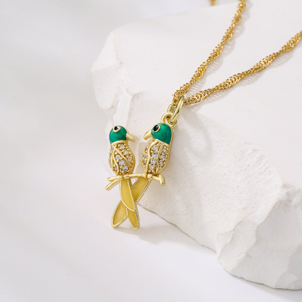 Vintage 18K Gold Plated Enamel Zircon Love Bird Geometric Pendant Necklace for Women