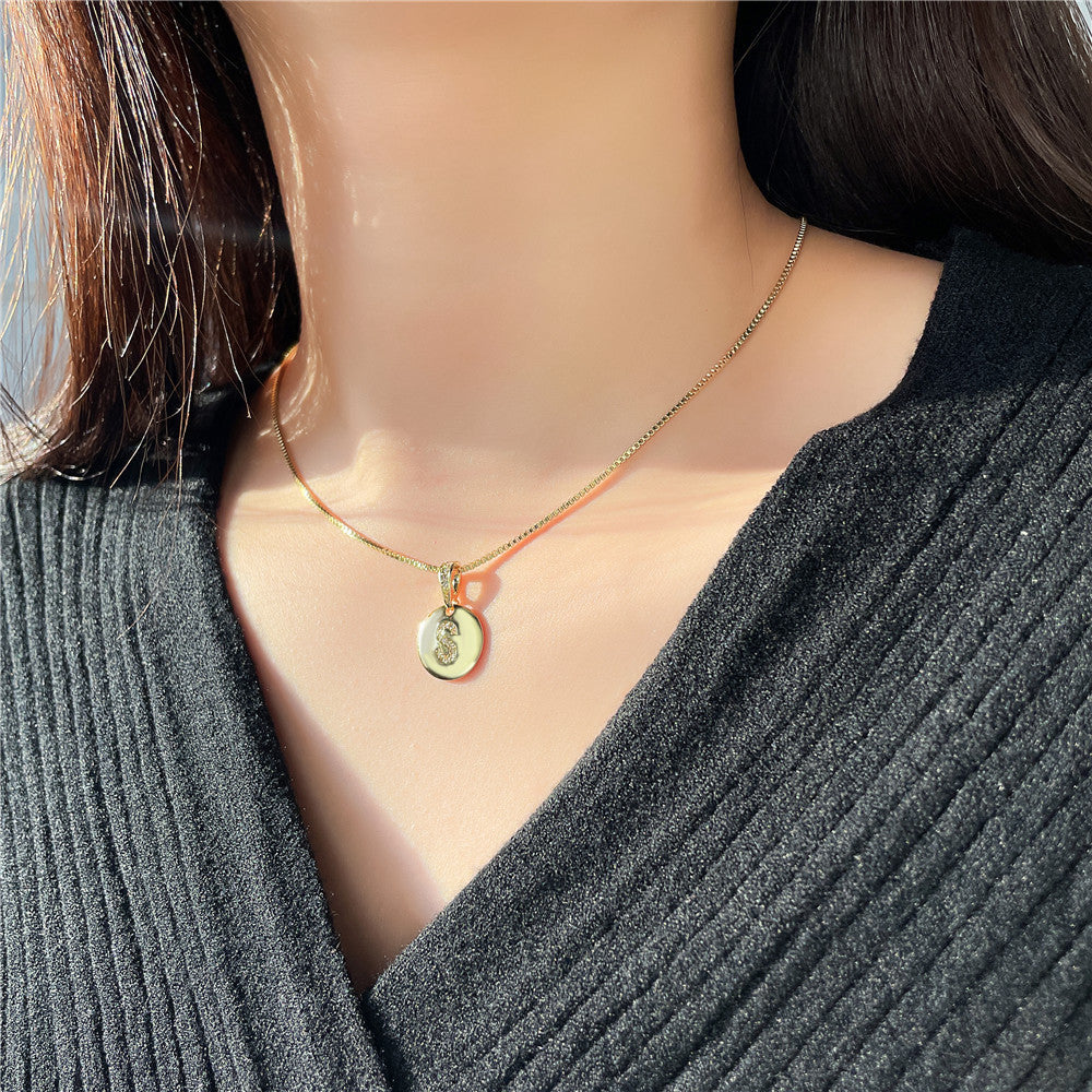 Vintage Sweet Geometric Letter Brass Inlay Cubic Zirconia Necklace Box Chain for Women