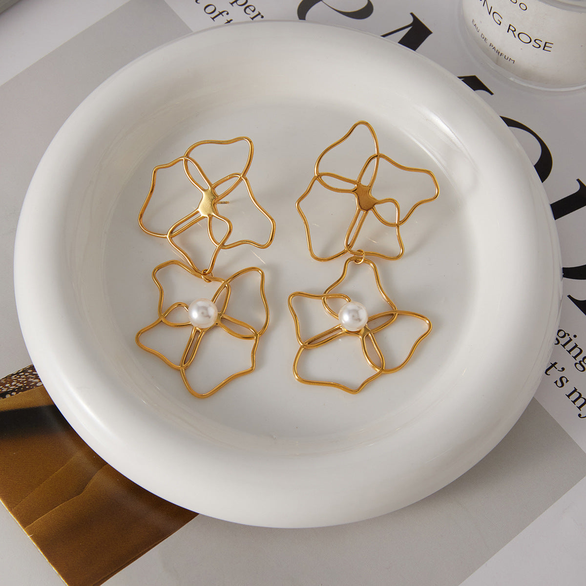 Elegant Geometric Floral Hollow Carved Stainless Steel Earrings for Women with PVD Finish