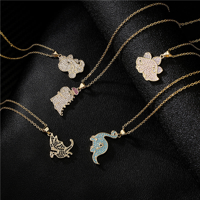 Collana con Pendente Dinosauro Geometrico in Rame con Placcatura in Zirconia Micro-Incastonata