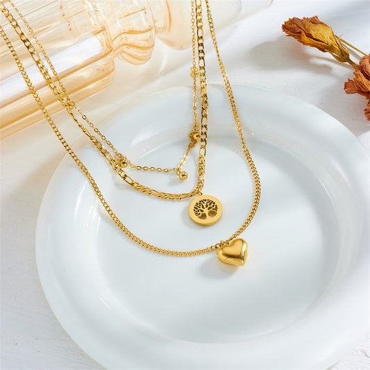 Collana Minimalista Vintage con Ciondolo a Cuore Multistrato Albero della Vita in Acciaio al Titanio con Finitura Placcata